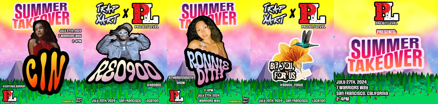 Summer Takeover event posters — artist graphics for the Project Level x Trapxart showcase