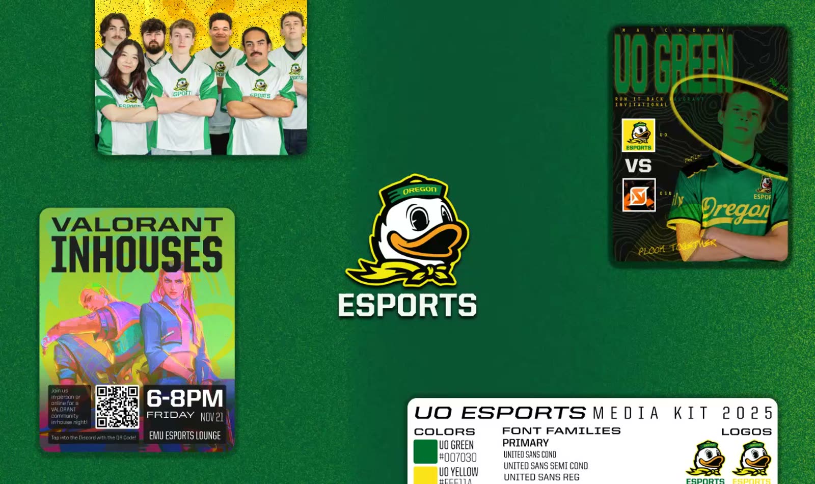 UO Esports gameday posters, media kit, and team graphics